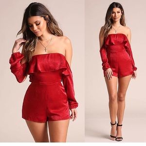 Red silky off shoulder layered romper